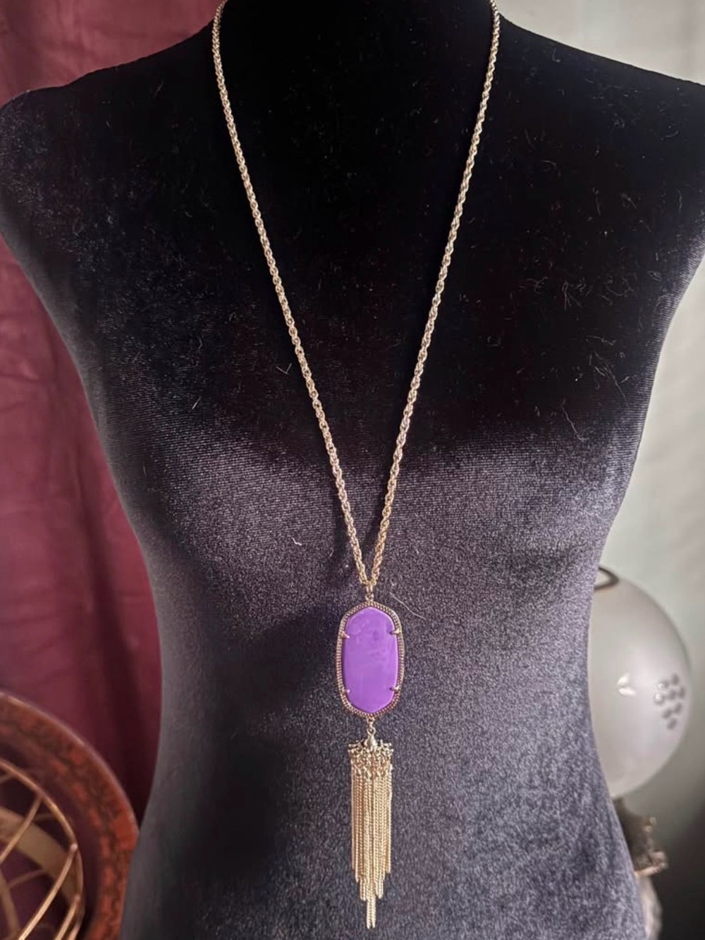 Kendra Scott Rayne Purple Stone Gold Tassel Long Pendant Necklace Rope Chain NWT